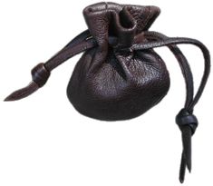 a brown leather pouch with a long tie on the front and back side, hanging from it's sides