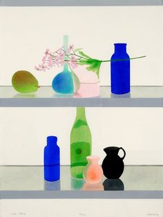 two shelves with vases and bottles on them, one is blue and the other is green