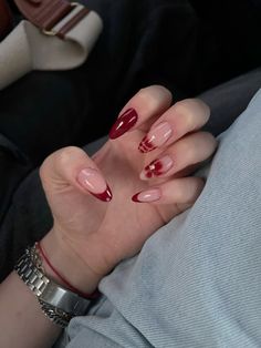 red nail inspo, french tip, flowers Almond Festive Nails, Nail Ideas Red French Tips, Skin Tone Nails Designs, Cherry Wine Nails French, Burgundy Nail Art Designs Classy, Burgundy Nails Flowers, Hoco Nail Ideas Red, Cherry Color Nails Designs, French Manicure With Nail Art