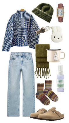 an assortment of clothing and accessories including socks, sweaters, mittens