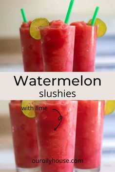 watermelon slushies with lime and lemon wedges on the rim are shown