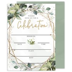 a card with the words celebration written in gold foil on it, surrounded by greenery