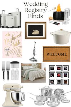 a collage of wedding items including kitchen appliances