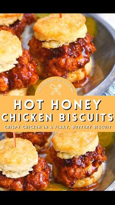 hot honey chicken biscuits on a plate with text overlay that reads, hot honey chicken biscuits