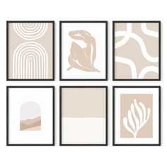 four framed art pieces with different shapes and sizes, each featuring an abstract design in neutral tones