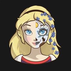 a woman with blue eyes and flowers on her face is shown in this cartoon style