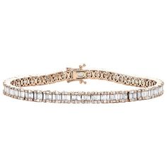 A new sophisticated and elegant look added to our diamond bracelet collection is this Statement Link Tennis Bracelet. Casted in solid 14K Rose Gold and genuine diamonds. Well built, this bracelet has sturdy frame for durability for comfort fitting. All round and baguette cut diamonds are in Prong and Invisible setting, making the overall appearance larger and lustrous. This statement piece will make a great addition to your jewelry collection. Radiant with 4.80 ct. t.w. of natural White diamonds Luxury Baguette Tennis Bracelet For Anniversary, Elegant Diamond White Tennis Bracelet With Baguette Diamonds, Diamond White Tennis Bracelet With Baguette Diamonds, Elegant Rose Gold Baguette Cut Diamond Bracelet, Elegant Rose Gold Baguette Cut Tennis Bracelet, Elegant Baguette Cut Rose Gold Diamond Bracelet, Elegant Rose Gold Baguette Diamond Tennis Bracelet, Luxury Rose Gold Baguette Cut Bracelets, Formal Rose Gold Baguette Cut Tennis Bracelet