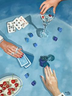 two hands reaching for playing cards in the pool with dice and cherries on it