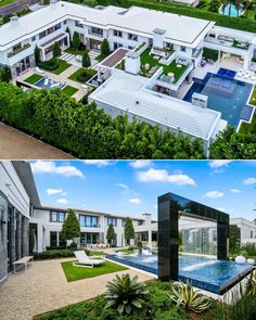 this is an aerial view of a modern house and pool in the middle of it