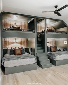 a room with bunk beds and stairs in it