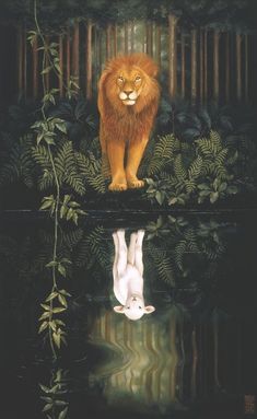 a lion standing on top of a lush green forest next to a body of water