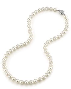 This beautiful Akoya pearl necklace ranges between 7.0-7.5mm in size and consists of pearls with an 'excellent' grade luster and clean surface. Our AA+ quality meets The Pearl Source's stringent standards for high quality pearls and are offered at a very affordable price. All pearls in this necklace are round and are strung with silk thread and double-knotted between each pearl. This necklace comes standard with a beautiful 14K gold clasp, though premium clasps can be selected for an additional Akoya Pearl Necklace, Pearl Strand, White Pearl Necklace, Cultured Pearl Necklace, Black Gift Boxes, Gold Necklaces, Akoya Pearls, Pearl Gemstone, The Pearl