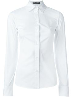 White stretch cotton classic shirt from Dolce & Gabbana featuring a classic collar, long sleeves, button cuffs, a front button fastening and a curved hem. | Dolce & Gabbana Classic Shirt Curved Hem Shirt, Perfect White Shirt, White Collared Shirt, White Long Sleeve Top, White Long Sleeve Shirt, Extra Long Sleeves, Cotton Poplin Shirt, Dolce E Gabbana, Womens Long Sleeve Shirts