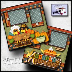 two thanksgiving cards with turkeys and pumpkins