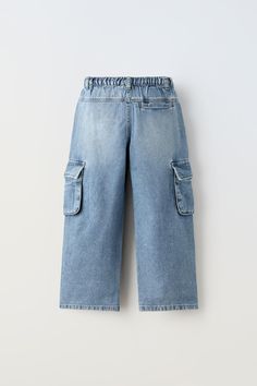 CARGO JEANS - Mid-blue | ZARA United States Casual Medium Wash Cropped Jeans With Patch Pockets, Medium Wash Cropped Cotton Jeans With Pockets, Cropped Cotton Jeans With Pockets In Medium Wash, Cotton Cropped Jeans With Pockets In Medium Wash, Denim Bottoms With Pockets For School, Medium Wash School Bottoms With Pockets, School Denim Bottoms With Pockets, Zara Wide Leg Jeans With Cargo Pockets, Medium Wash Cotton Bottoms For School