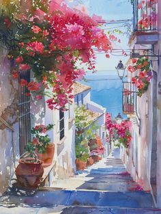 a painting of an alley way with potted flowers