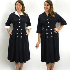 ~ 1950s fantastic navy crepe rayon day dress  ~ Bright white plastic buttons in the front for closure ~ Removable white cotton collar and cuffs (snap on) ~ Inseam pockets at the hips ~ Fully lined ~ Excellent Label:  Jane Andre, California Bust- 36" (91.5 cm) Shoulder ot Sh- 17" (43 cm) Waist- 26" (66 cm) Hips- Free Length- 45" (114.5 cm) Sleeve- 15" (38 cm) More Incredible Vintage:  glennasvintageshop.etsy.com Vintage Jewelry:  glennasjewels.etsy.com Instagram @glennas_clothing Facebook  https://www.facebook.com/glennasclothing Model Info:   Size 2, Height 5'6" (166 cm), Bust 32" (81.5 cm), Waist 26" (66 cm), Hips 37" (94 cm) Retro Vintage Dress With Buttons For Daywear, Navy Vintage Dress With Buttons, Navy Vintage Dresses With Buttons, 1950s Collared Dresses With Buttons, 1950s Vintage Dress With Buttons For Formal Occasions, Classic Dress With Peter Pan Collar And Buttons, Classic Navy Dress With Buttons, Classic Navy Dresses With Buttons, Classic Navy Dress With Button Closure