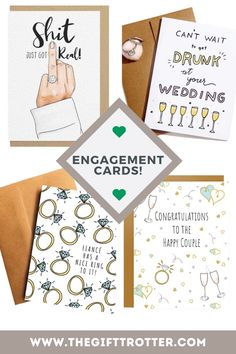 congratulations cards with the words, engagement cards and wedding rings on them in different colors