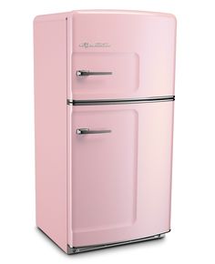 a pink refrigerator freezer sitting on top of a white counter