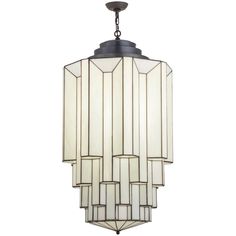 an art deco style light fixture with white glass panels and black metal frame, hanging from the ceiling