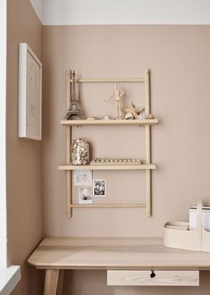 a desk with shelves and pictures on the wall