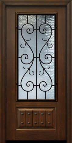 a wooden door with glass and wrought iron design