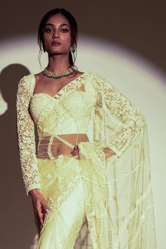 Ivory saree with floral, jaal, sequins, cutdana, beads hand embroidery. Paired with a padded blouse with floral, sequin hand embroidery. - Aza Fashions Beads Hand Embroidery, Ivory Saree, Dhoti Saree, Cotton Sarees Handloom, Padded Blouse, Embroidered Saree, Lehenga Saree, Embroidery Floral, Blouse For Women