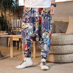 Men's Summer Pants Baggy Beach Pants Harem Pants Boho Pants Elastic Waist Print Comfort Breathable Casual Daily Beach Chinese Style Hippie Dark Blue / Red Yellow Micro-elastic Casual Non-stretch Harem Bottoms, Casual Harem Bottoms For Beach, Casual Ankle-length Harem Pants For Beach, Casual Multicolor Harem Pants For Vacation, Casual Summer Harem Parachute Pants, Casual Harem Bottoms For Vacation, Red Non-stretch Casual Harem Pants, Harem Bottoms With Pockets For Summer, Casual Baggy Harem Parachute Pants