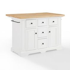 a white kitchen island with wooden top and drawers on the bottom, in front of a white background