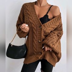 Oversized Boho Chunky Cable Knit Cardigan Sweater * Long Lantern Sleeve * Ribbed Knit Trim * V Neckline * Button Front * Soft Stretch * Relaxed Oversized Fit * Short Length *Approximate Unstretched Measurements* Xs (2) * Length 26.25" * Bust 45.5" * Sleeve Length 18.5" Small (4) * Length 26.75" * Bust 47.25" * Sleeve Length 19" Medium (6) * Length 27.25" * Bust 48.75" * Sleeve Length 19" Large (8/10) * Length 27.75" * Bust 51.25" * Sleeve Length 19.25" Xl (12) * Length 28.25" * Bust 53.5" * Slee Cardigans For Women Winter, Lantern Sleeve Cardigan, Retro Style Fashion, Mantel Outfit, Chunky Cable Knit Cardigan, Cardigan Knitted, Retro Fashion Women, Cable Knit Sweater Cardigan, Loose Knit Sweaters