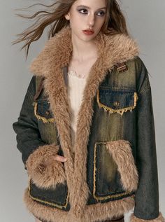 Color  Denim Denim    Unit(CM) Length chest circumference shoulder width Sleeve length   S 62 127 66 50.5   M 63.5 131 67 51.5   L 65 135 68 52.5    Model info Height: 170cm Wearing size：S Denim And Fur Jacket, Tv Library, Thrift List, Fur Jean Jacket, Winter Crops, Fur Design, Denim Jacket With Fur, Vintage Jean Jacket, Fluffy Jacket