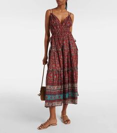 Ulla Johnson Rosa Printed Cotton-Blend Midi Dress In Red | Editorialist Red Viscose Beach Dress, Casual Red Viscose Dress, Red Cotton Vacation Dress, Red Cotton Dress For Vacation, Red Cotton V-neck Midi Dress, Red Midi Dress, Flowy Skirt, Ulla Johnson, Fitted Bodice