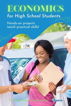 two girls looking at a piece of paper with the words,'econics for high school students hands - on projects teach practical skills '