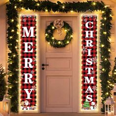 christmas door decorations with lights and wreaths