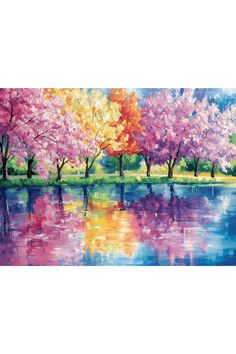 a painting of colorful trees by the water