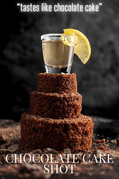 A chocolate cake shot with a slice of lemon on top of a mini tiered chocolate cake. Chocolate Cake Shots, Birthday Cake Shots, Cake Shot, Cake Flavours, Flavour Combinations, Chandelier Cake, Inside Cake