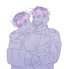 a drawing of two people with flowers in their hair, one holding the other's head