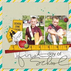 two boys are sitting on a ruler with the words first day of school in front of them