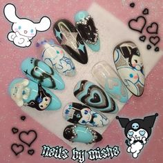 Cinnamon Roll Nails Sanrio, Cinnamoroll Nail Art, Cinnamoroll Nails, Sanrio Nails, Diy Rhinestone Nails, Hello Kitty Nails Art, Kids Nail Designs, Fake Nails Designs, Sky Nails