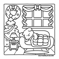 a christmas coloring page with a teddy bear sleeping on a couch in front of a window