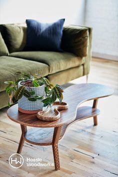 a wooden table with a potted plant on it in front of a green couch