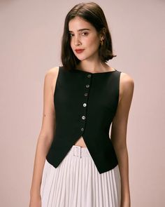 The Black Boat Neck Button Tank Top & Reviews - Black - Tops | RIHOAS 90s Fall Fashion Outfits, Boat Neck Top Outfits, 90s Tops, Button Tank Top, Black Boat, 90s Minimalism, Boat Neck Blouse, Boat Neck Top, Tank Top Blouse