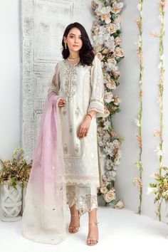 Porcelain | Pakistani Designer Outfit | Sarosh Salman Off White Traditional Wear With Dabka Work, Eid Pearl Embroidered Georgette Dupatta, Eid Pearl Embroidery Georgette Dupatta, Semi-stitched Pearl Embroidery Kurta, Cream Kurta With Dabka Work, Elegant Lace Dupatta With Pearl Embroidery, Semi-stitched Pearl Embroidered Salwar Kameez, Unstitched Pearl Embroidered Dupatta, Elegant Georgette Blouse Piece With Lace Work