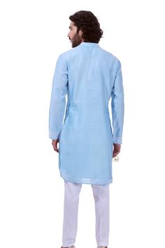 Powder blue straight kurta with contrasting white paisley pattern dori embroidered bodice and cuffs. Comes with solid pyjama. - Aza Fashions Traditional Blue Kurta With Embroidered Sleeves, Eid Fitted Kurta With Embroidered Cuffs, Festive Cotton Kurta With Embroidered Cuffs, Kurta Set Men, Dori Work, Men Kurta, Embroidered Bodice, Straight Kurta, Blue Paisley