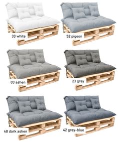 four different types of futon sofas with cushions and wooden pallets on them