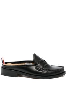 black calf leather signature grosgrain loop tab RWB stripe scallop trim round toe penny slot slip-on style pull-tab at the heel low stacked heel Scallop Trim, Thom Browne, Pull Tab, Stacked Heel, Mules Shoes, Calf Leather, Penny, Slip On, Trim