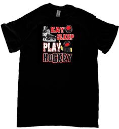 Hockey Shirt, Eat Sleep Play Hockey (Sweatshirt, Hoodie Available on Request) #754c For Sweatshirts and Hoodies please contact me to request a custom order. Youth Sizes available **NOTE** Long Sleeve Lavender is no longer available, long sleeve green is neon green. 5XL NOT available in long sleeve green. 6XL available in short sleeve only and is NOT available in LAVENDER or GREEN Design Measurements:  10.5 x 13" T-shirt Sizing:  Measurements are taken across the chest (armpit to armpit) and down the back from the top of the collar to the bottom of the hem. Small 18" x 28" (45.72cm x 71.12cm) Medium 19" x 29" (48.26cm x 73.66cm) Large 22" x 29" (55.88cm x 73.66cm) XL 24" x 31" (60.96cm x 78.74cm) XXL 27"x 31" (68.58cm x 78.74cm) 3XL 29.5" x 31.5" (74.93cm x 80.01cm) 4XL 30" x 32.5" (76.2cm Tee Shirt Hockey, Hockey Sweatshirts, Hockey Shirts, Sweatshirts And Hoodies, Eat Sleep, Green Design, Plus Size Shirts, Plus Size T Shirts, Neon Green