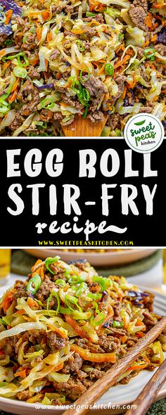 egg roll stir fry recipe with vegetables and meat in it on a plate, next to the