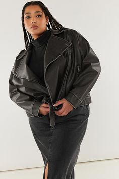 Elevate any casual outfit with this new-in biker jacket from Yours Curve. Made from a faux leather fabric, it features a washed finish, belted design, zip through fastening, side pockets and long sleeves. Layer over a t-shirt and jeans for a stylish casual look you'll be reaching for on repeat. Leather Jacket Outfit Plus Size, Size 16 Women, Faux Leather Biker Jacket, Curve Fashion, Petite Coat, Plus Size Coats, Faux Leather Fabric, T Shirt And Jeans, Leather Biker Jacket