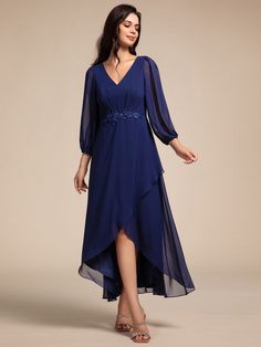 Elevate your evening look with our Long Lantern Sleeves Waist Applique Chiffon Formal Dress. This elegant dress features flowing chiffon fabric, long lantern sleeves for a touch of drama, and a beautifully detailed waist applique that enhances your silhouette. The perfect combination of grace and sophistication, this dress is ideal for formal events where you want to make a lasting impression. Chiffon Long Sleeve Mother Of The Bride Dress, Chiffon Mother Of The Bride Dress With Long Sleeves, Spring Chiffon Mother Of The Bride Dress For Banquet, Spring Chiffon Long Sleeve Dress For Banquet, Spring Long Sleeve Chiffon Dress For Banquet, Flowy Chiffon Party Dress For Fall, Flowy Long Sleeve Chiffon Dress For Party, Flowy Chiffon Dress For Fall Party, Blue Chiffon Dress With Sheer Sleeves